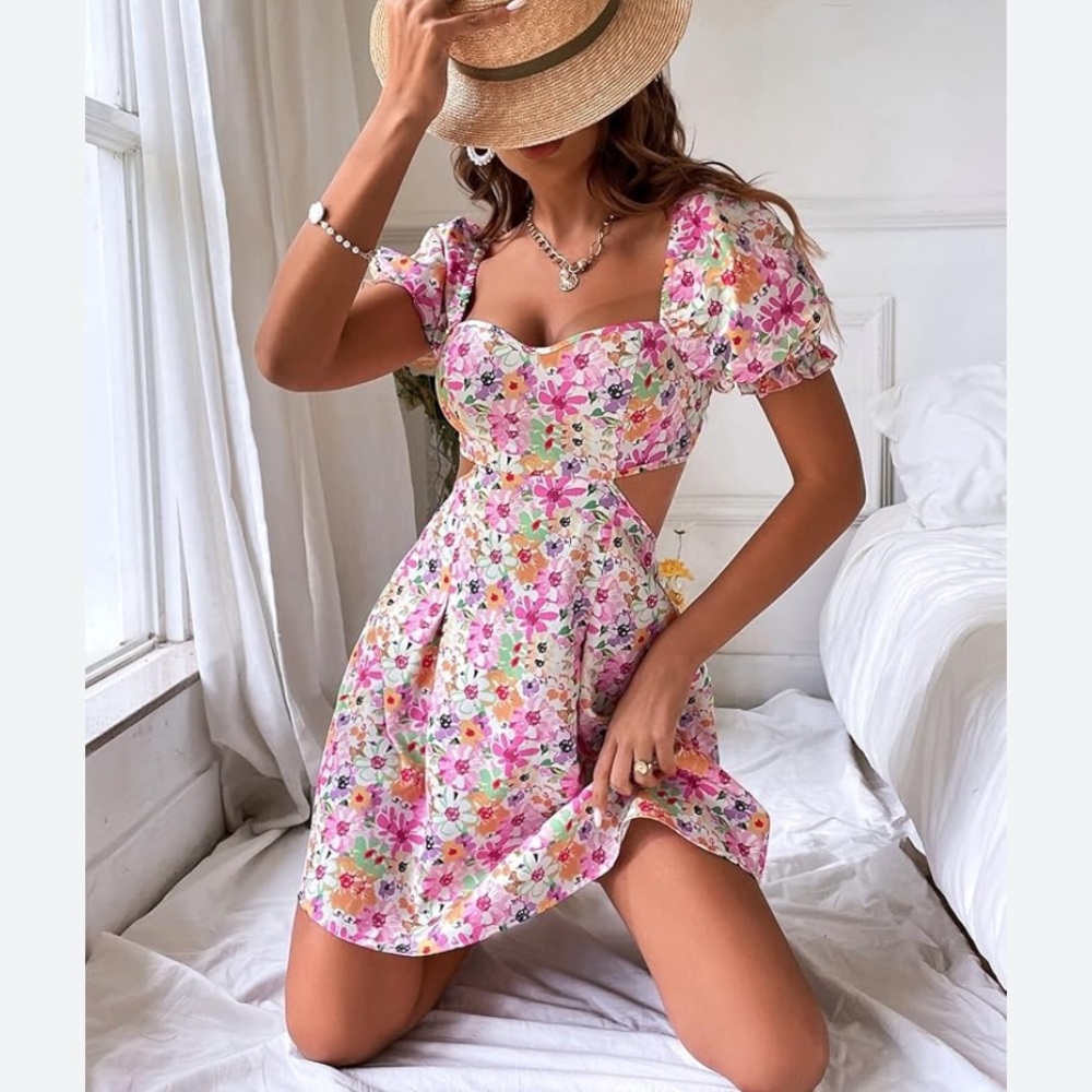 SHEIN Pink Floral Puff Sleeve CutOut Waist Smocked Dress XS NWOT